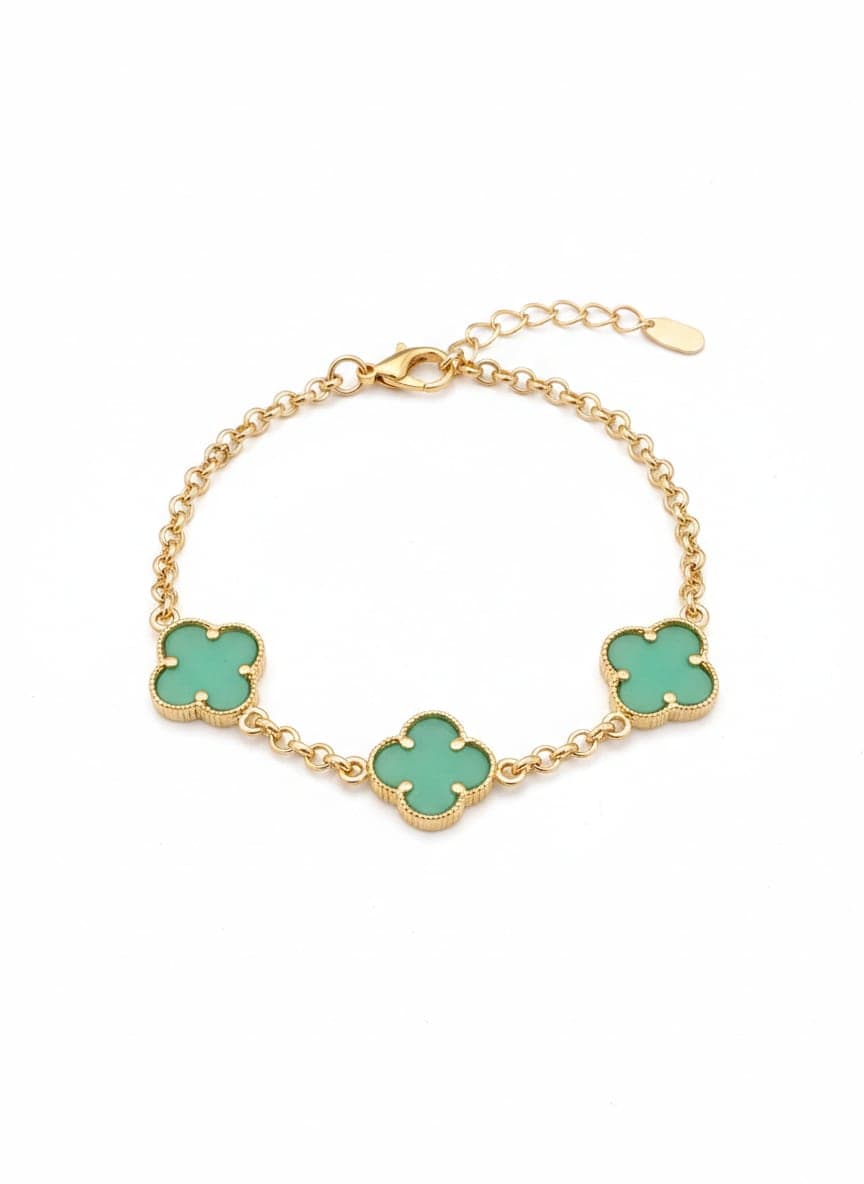 Gold Plated Brass Clover Bracelet with Cat's Eye Stone