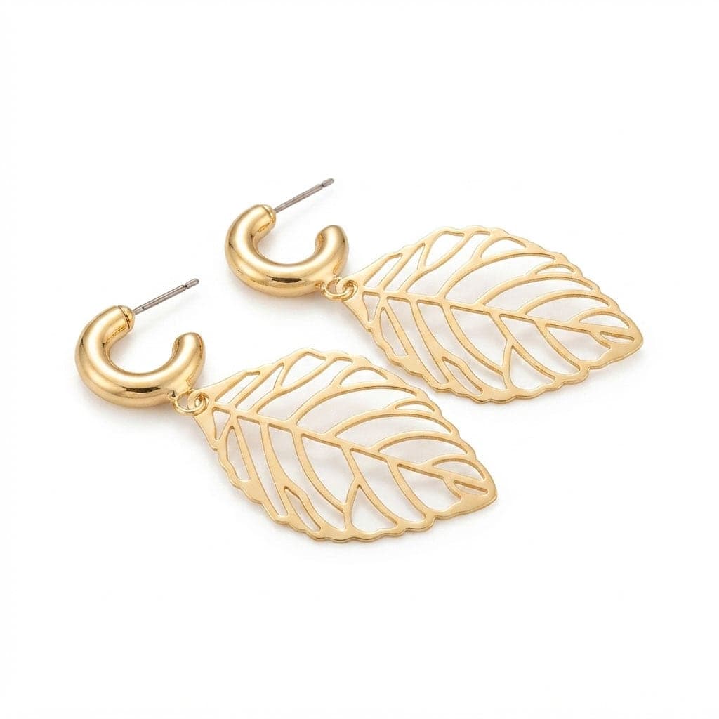 Gold Plated Brass Leaf Dangle Earrings