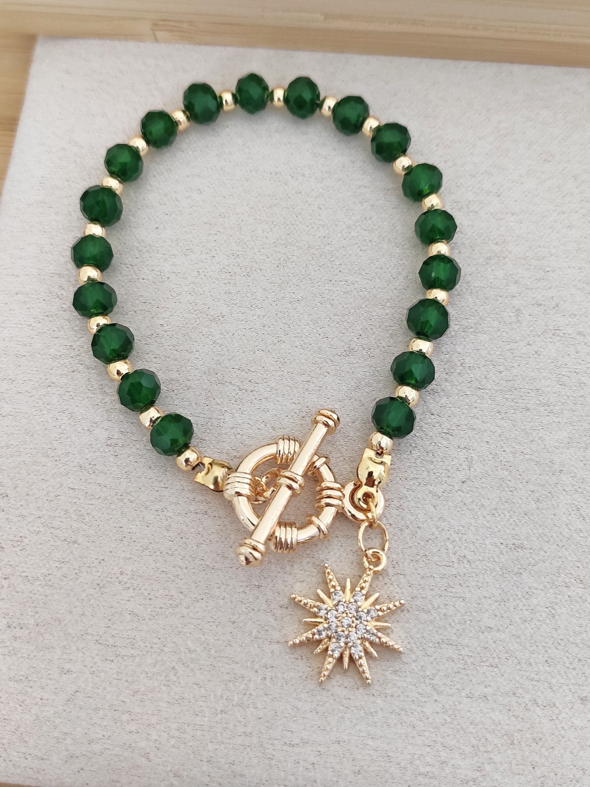 Gold-Plated on Brass, Green Crystal Stone and Zircon Stone Sun-Shaped Dangle Bracelet