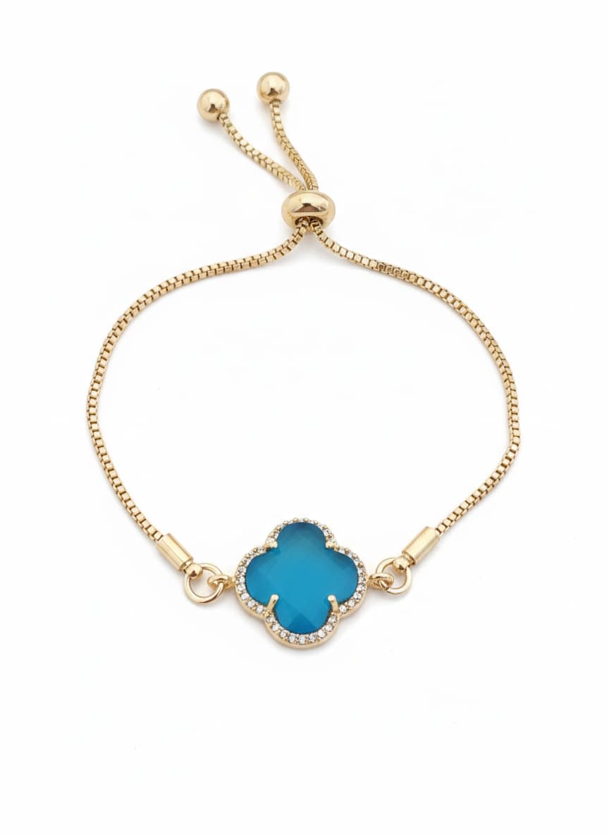 Gold-Plated on Brass, Blue Mother-of-Pearl and Zircon Stone Clover-Detailed Bracelet