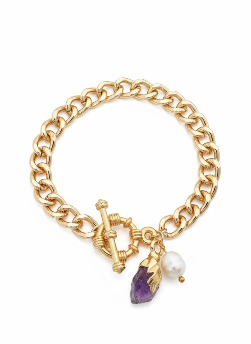 Gold-Plated on Brass, Amethyst Stone and Plastic Pearl Dangling Bracelet