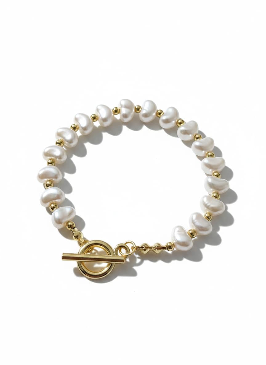 Gold Plated Plastic Pearl Detailed Bracelet on Brass