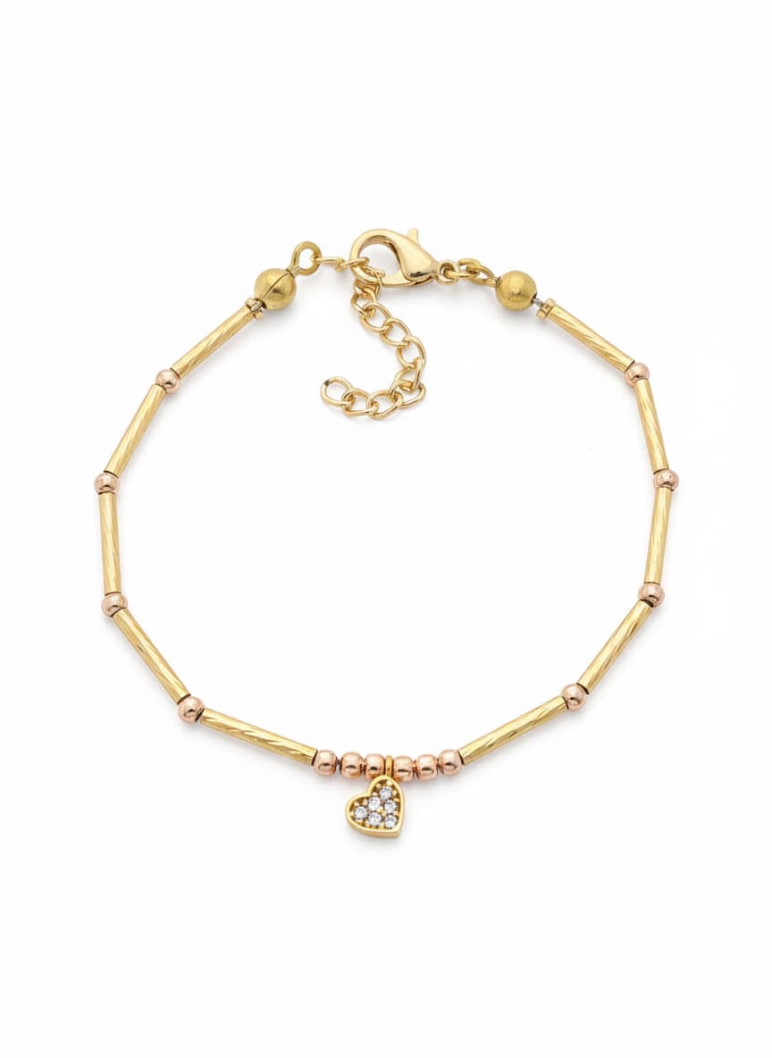 Gold-Plated on Brass, Heart-Shaped Pendant Bracelet with Zircon Stones