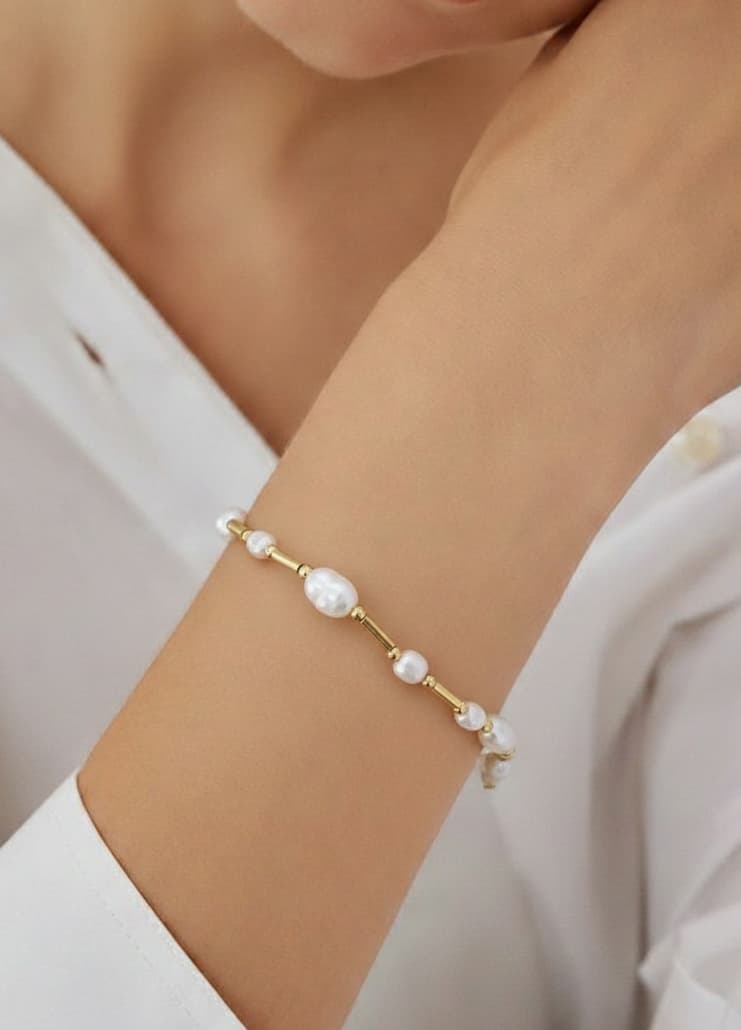 Gold-Plated Over Brass, Plastic Pearl and Real Pearl Detailed Bracelet