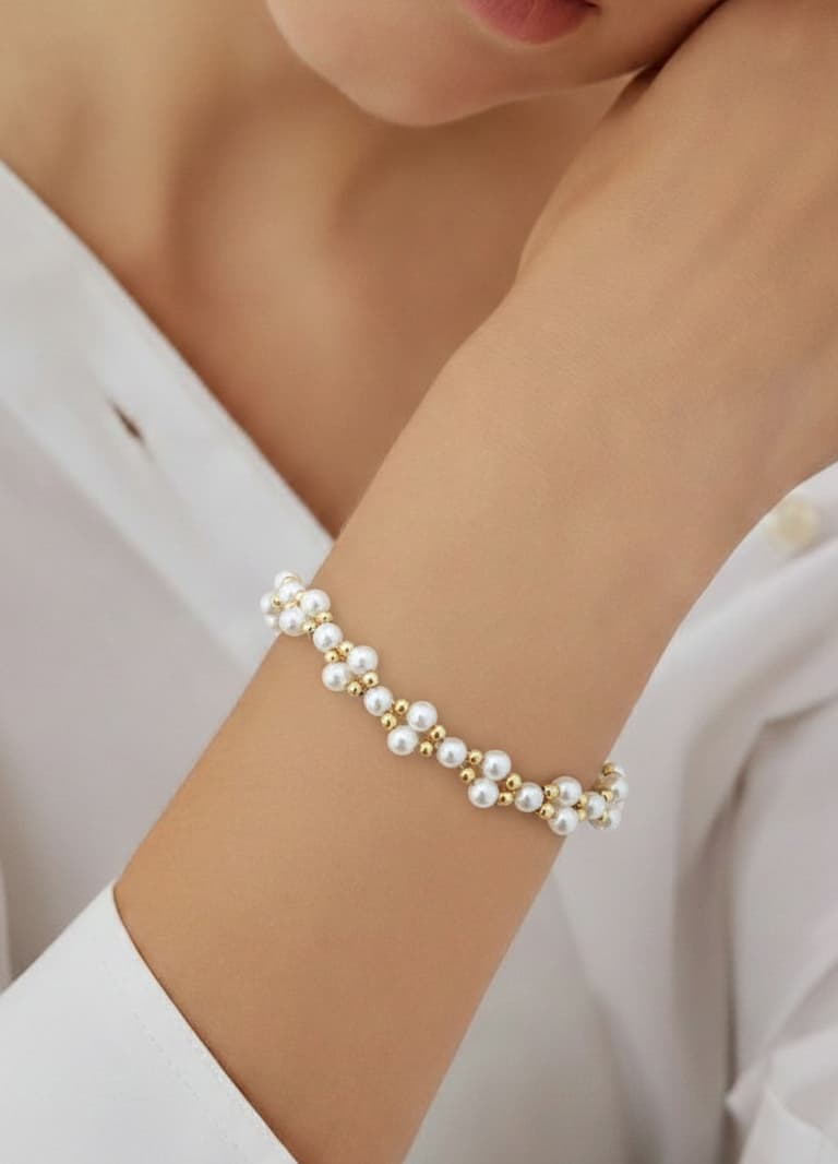 Gold-Plated Over Brass, Two-Row Plastic Pearl Bracelet