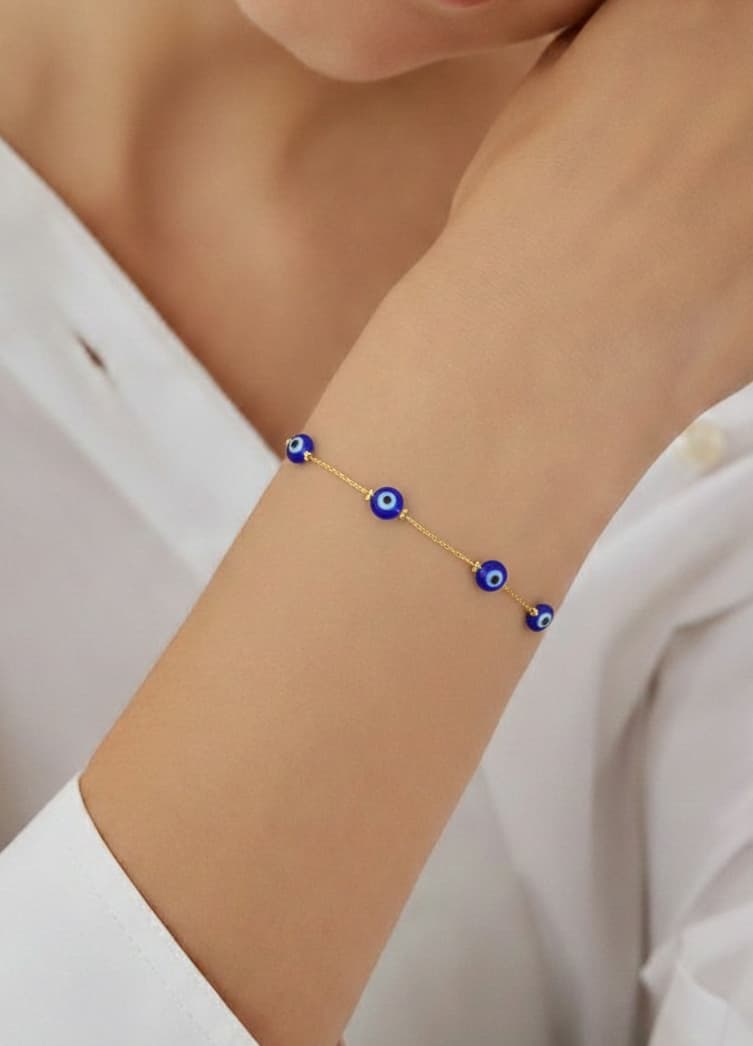Gold-Plated Brass Bracelet with Evil Eye Bead Detail