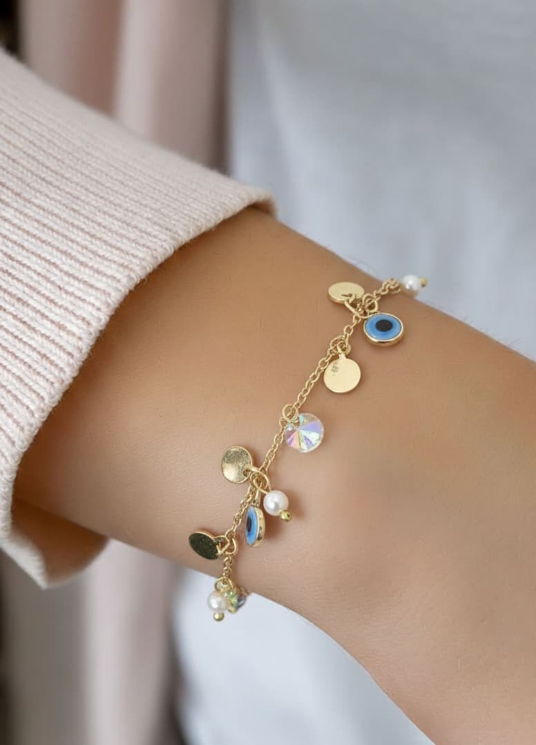 Brass with Gold Plating, Plastic Pearls and Evil Eye Beads Bracelet