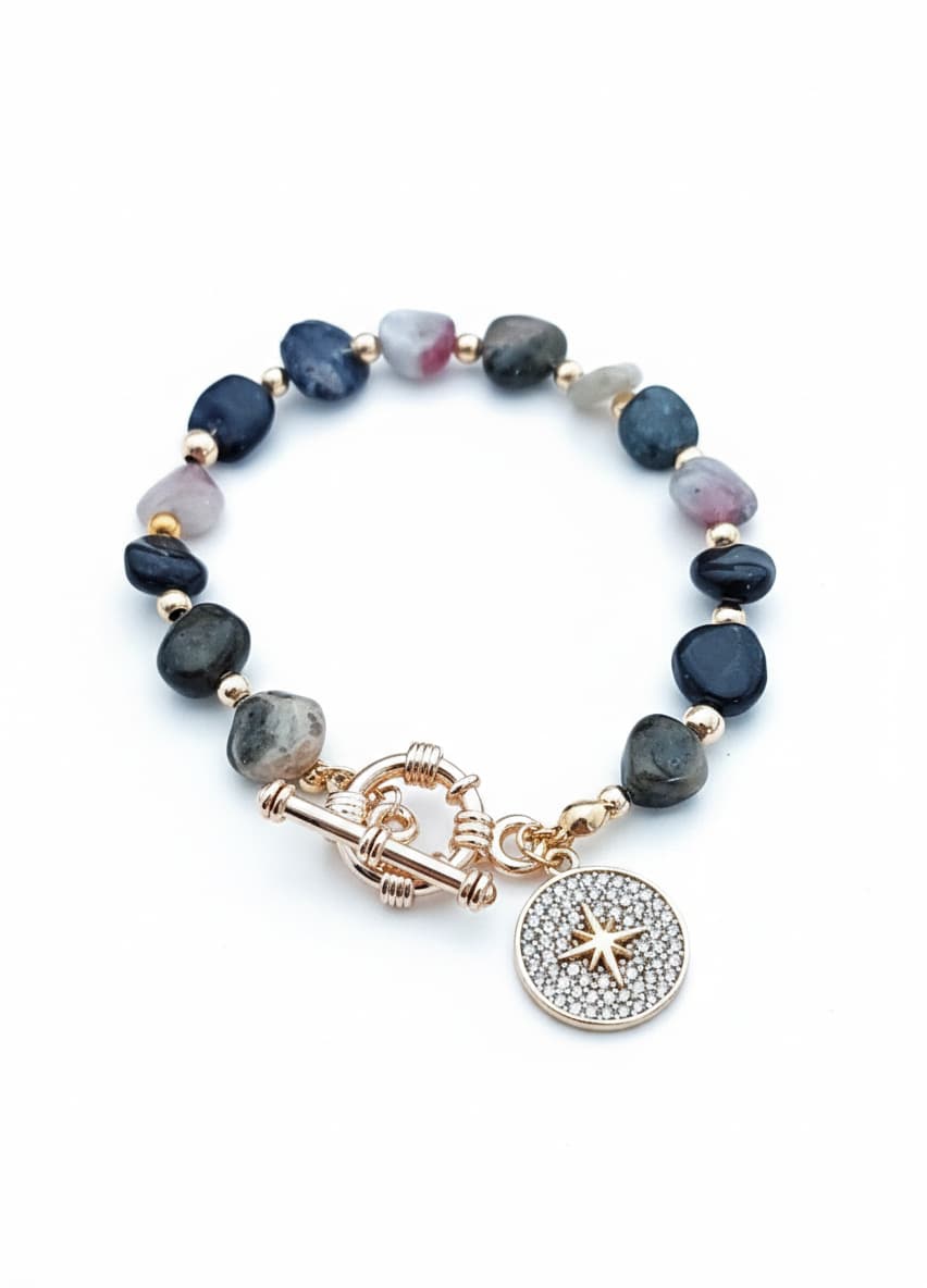 Gold-Plated Brass, Tourmaline Stone Set and Zircon Stone Polar Star Dangle Bracelet