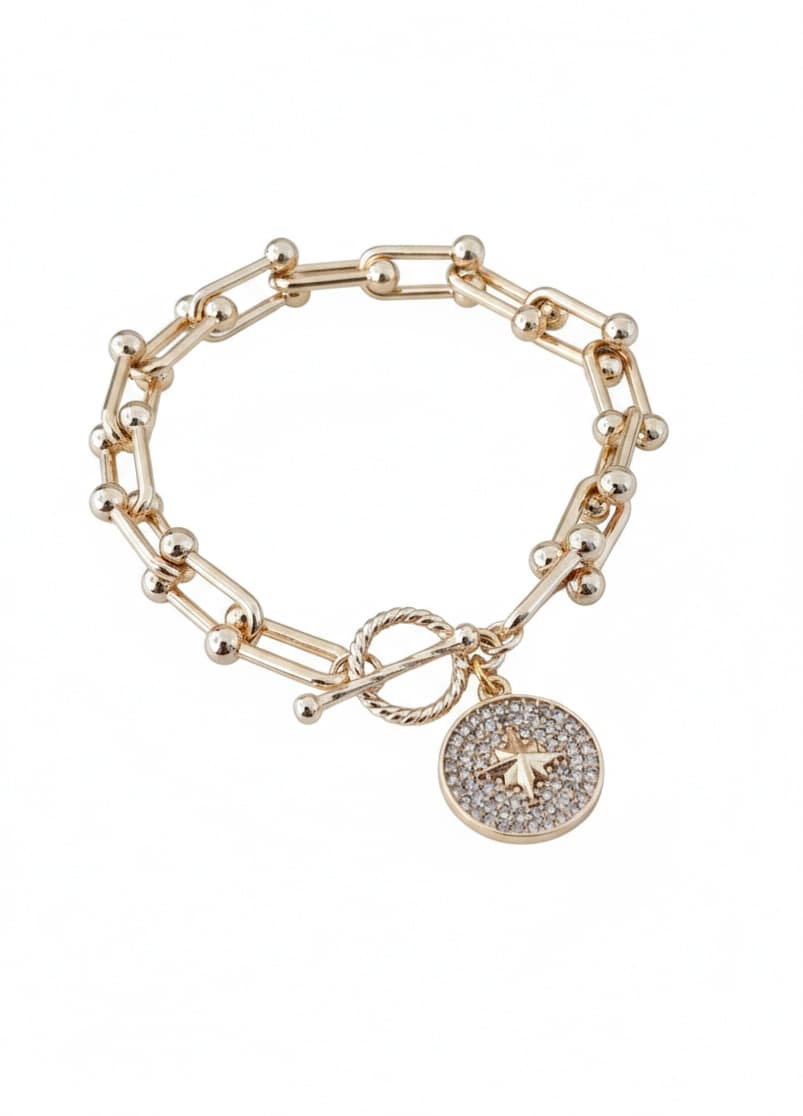 Gold-Plated Brass, Zircon Stone Polar Star Dangle Bracelet