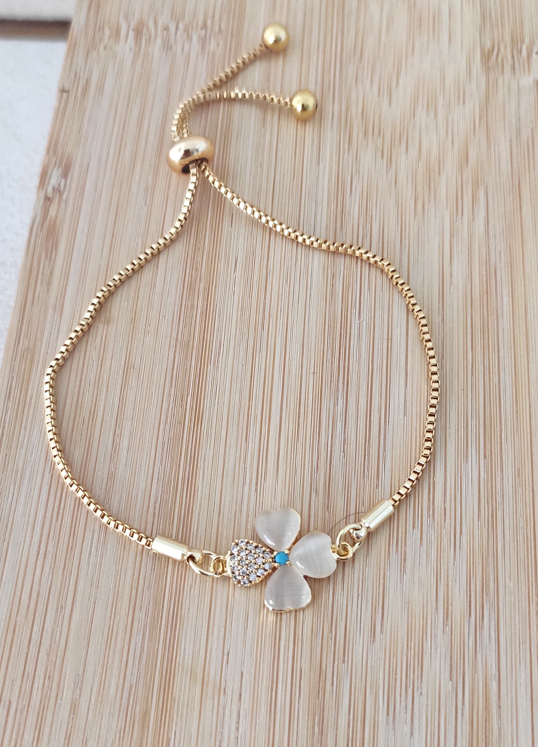Gold-Plated Brass, Zircon Stone Clover Detail Adjustable Bracelet