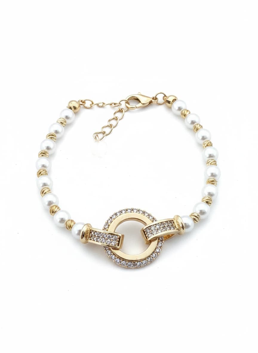 Gold Plated Plastic Pearl and Zircon Detailed Bracelet on Brass