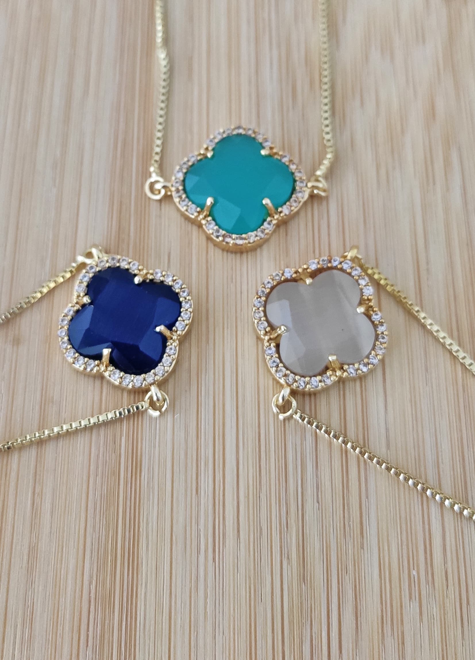 Gold-Plated Brass, Mother-of-Pearl and Zircon Stone Four-Leaf Clover Bracelet