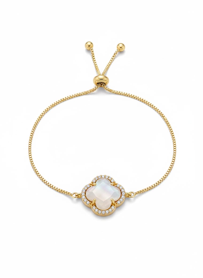 Gold-Plated Brass, Mother-of-Pearl and Zircon Stone Four-Leaf Clover Bracelet