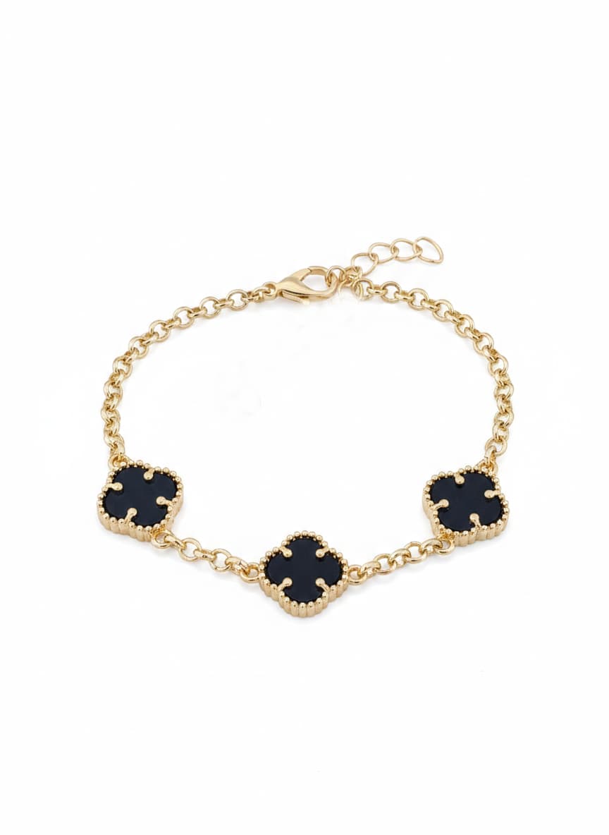 Gold Plated Brass Clover Detailed Black Enamel Bracelet