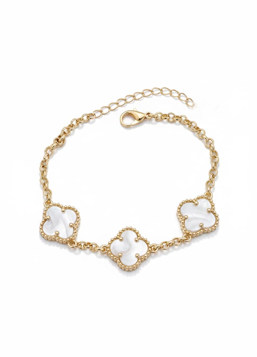 Gold Plated Brass Clover Detailed White Enamel Bracelet