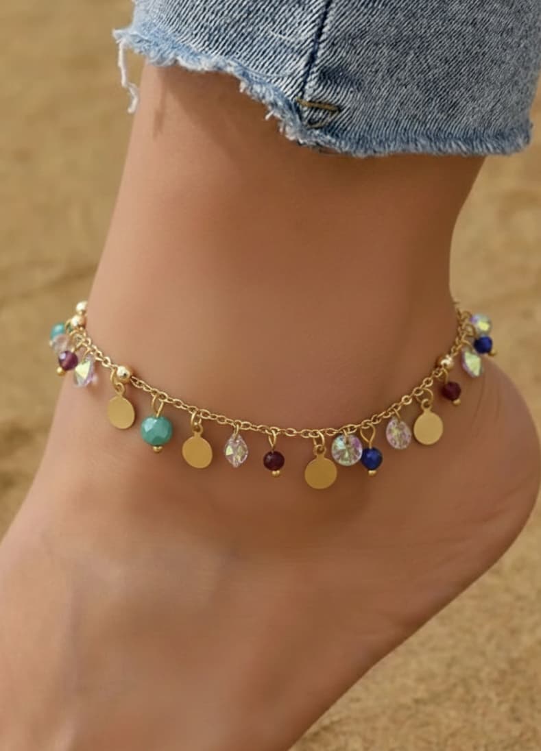 14 K goldplated brass, Cyrstal and Gemstone anklet