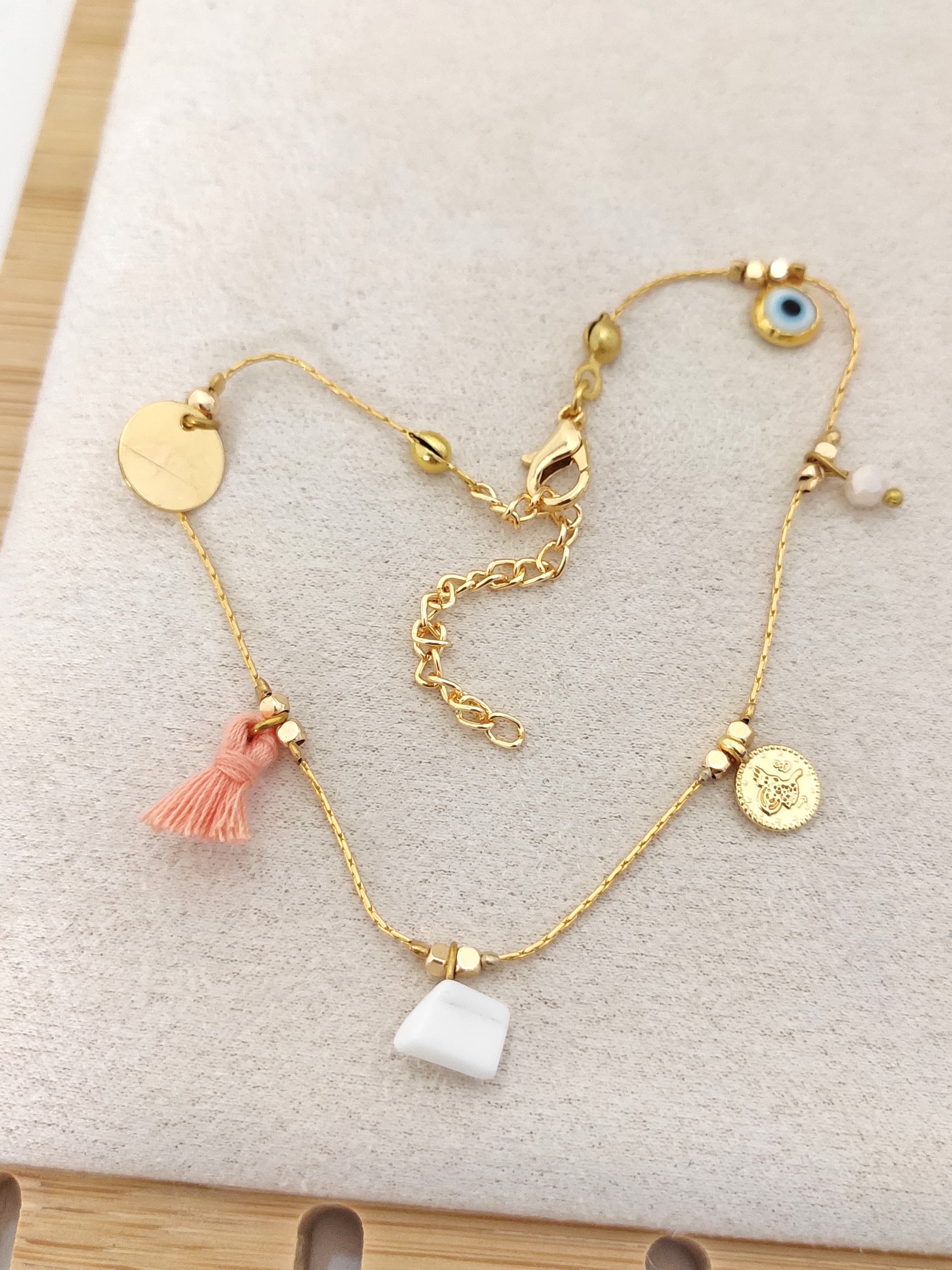 Anklet with Gold Plated Evil Eye Bead and Old Coin Detail on Brass