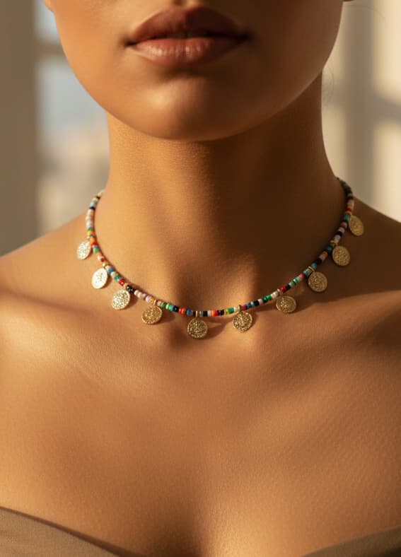 14 K goldplated brass, Seedbeads Historical coin necklace
