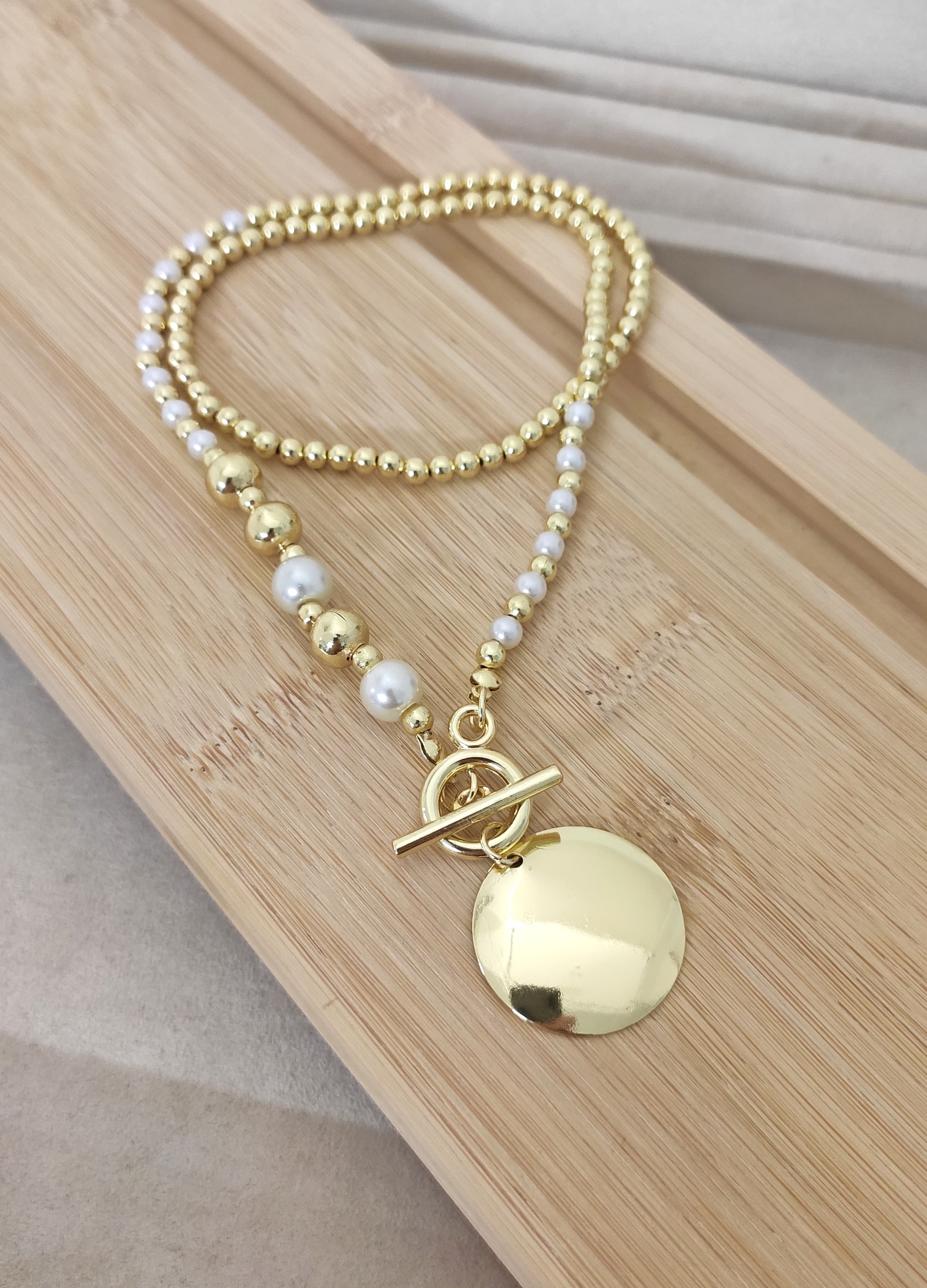 Gold Plated Brass Pearl Detailed Plate Pendant Necklace