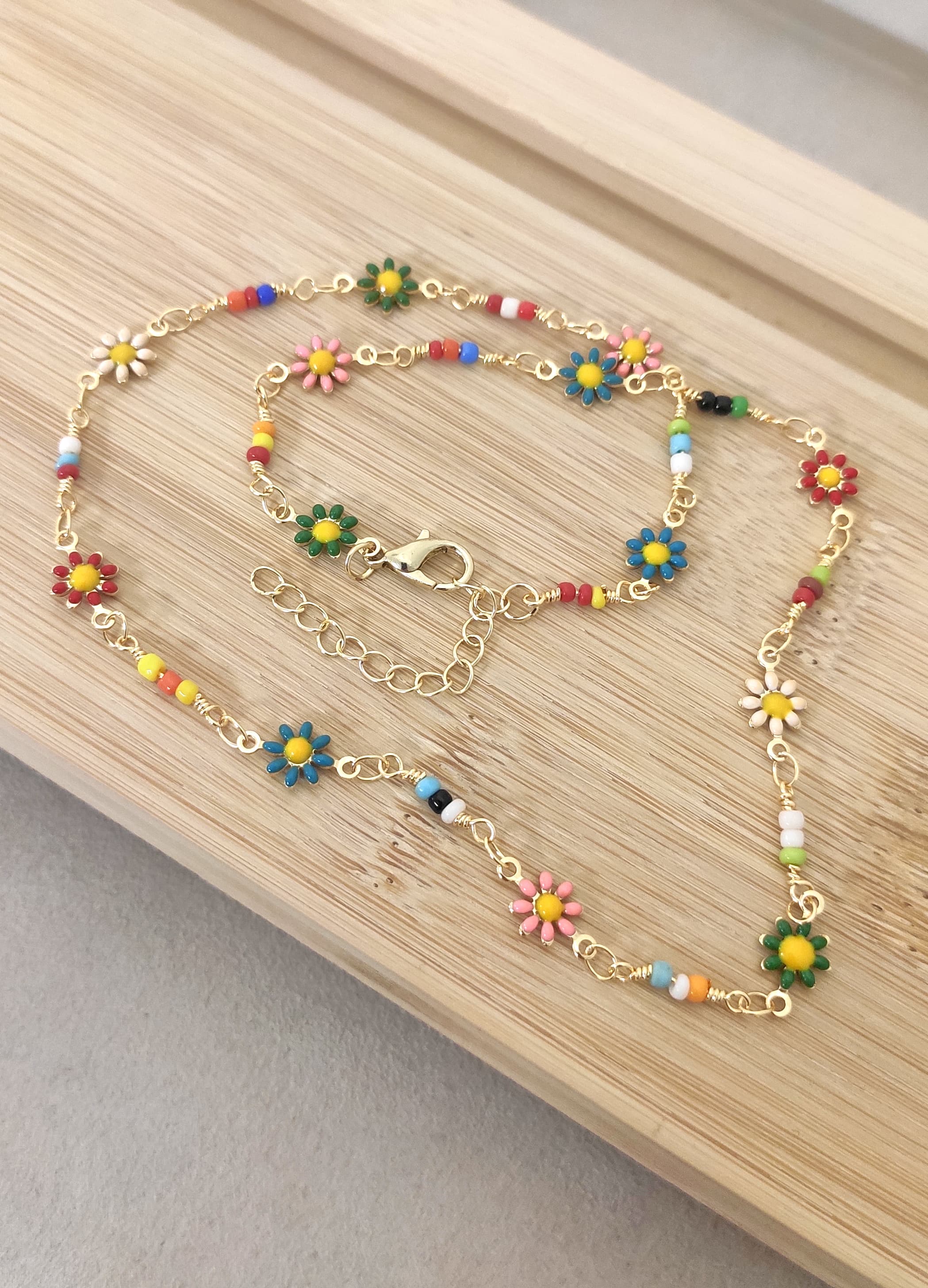 Brass with Gold Plating, Colorful Daisy Chain Necklace