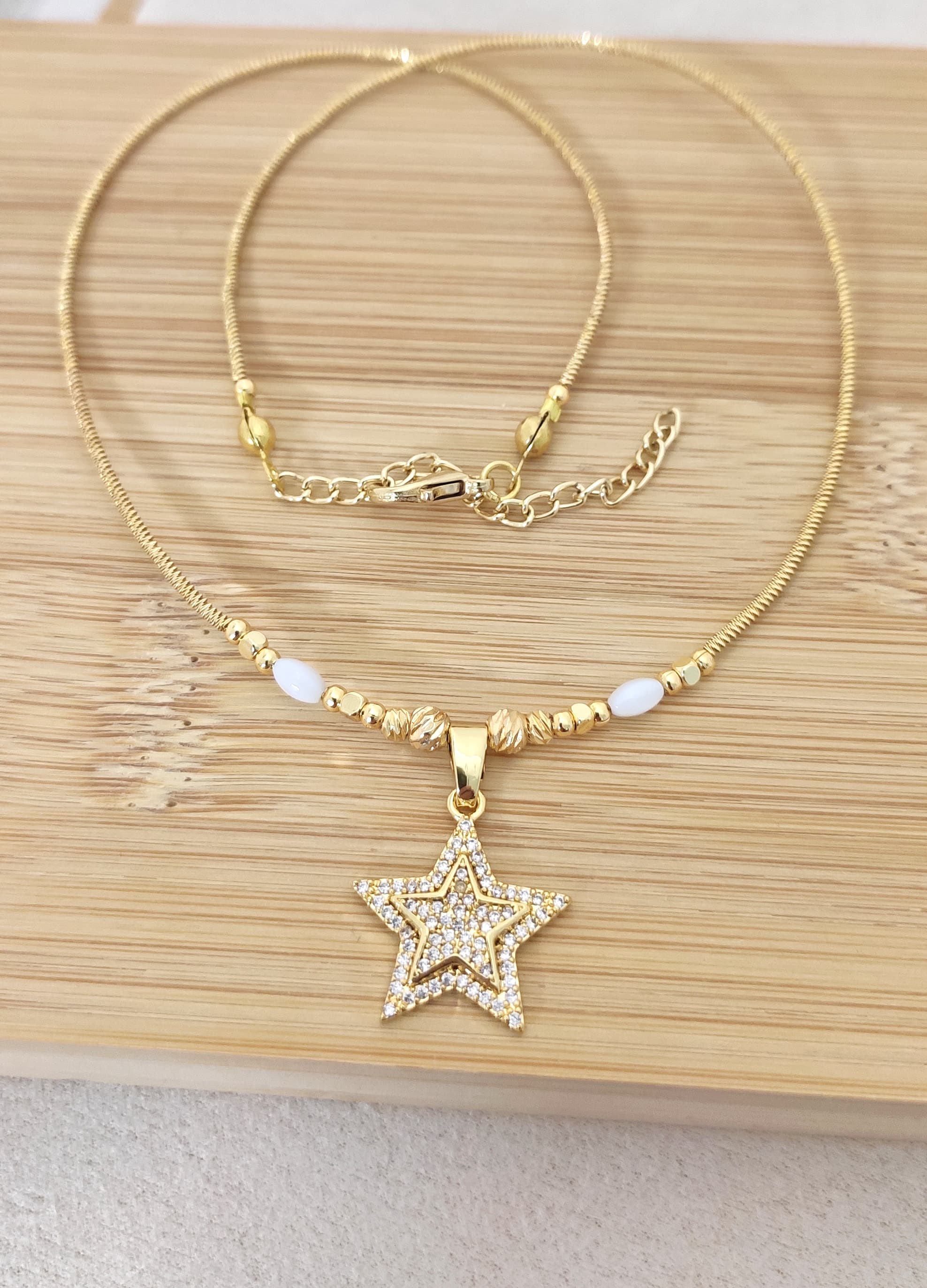 Gold-Plated Brass, Zircon Stone Star Pendant Necklace
