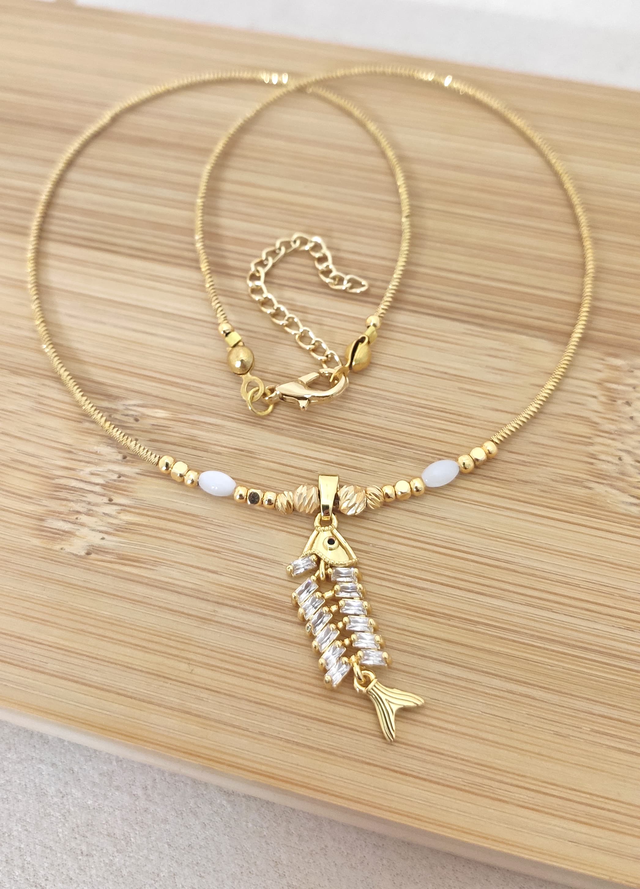 Brass with Gold Plating, Zircon Stone Fish Pendant Necklace