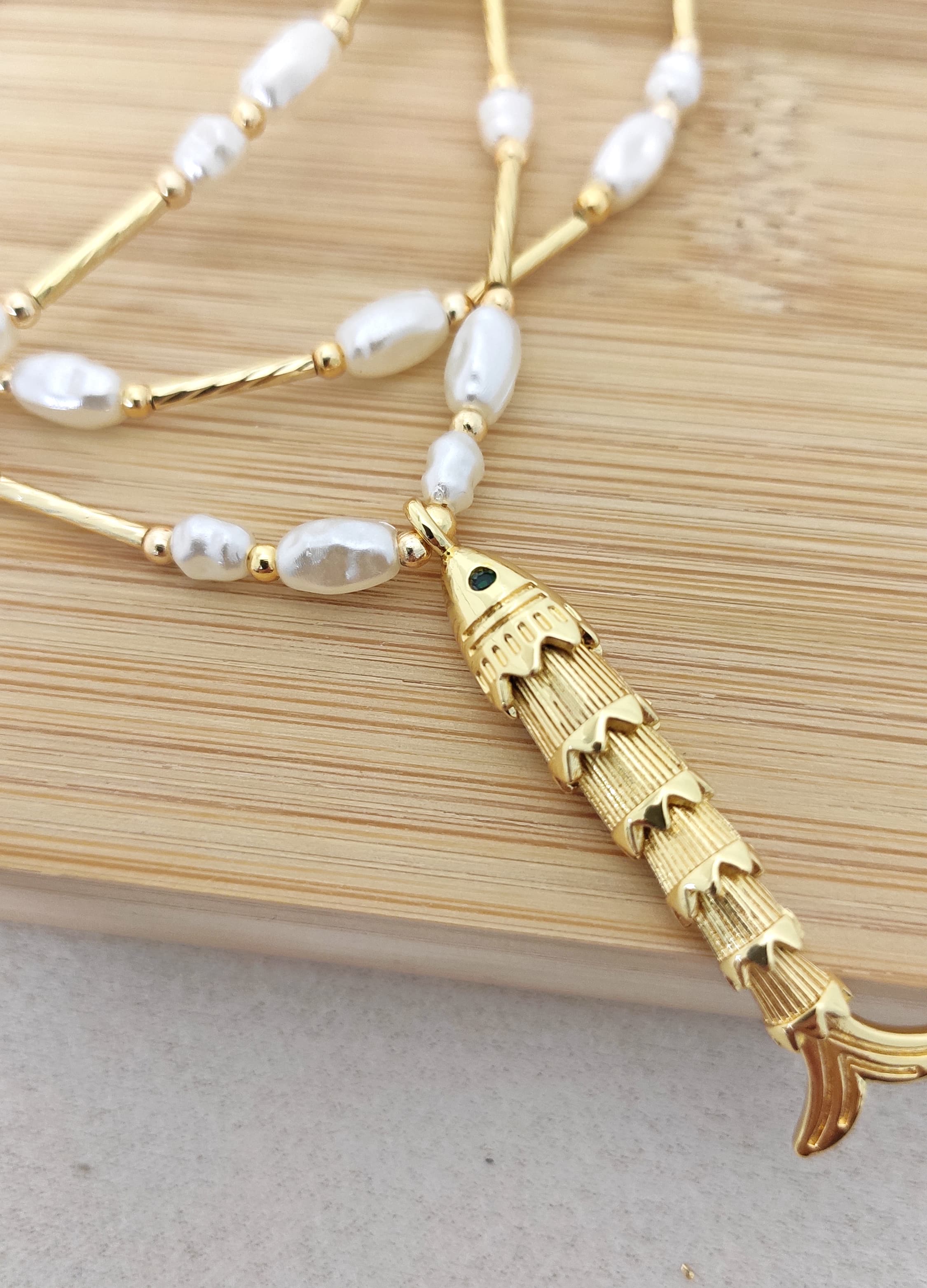 Brass with Gold Plating, Plastic Pearl Strung and Fish Pendant Long Necklace