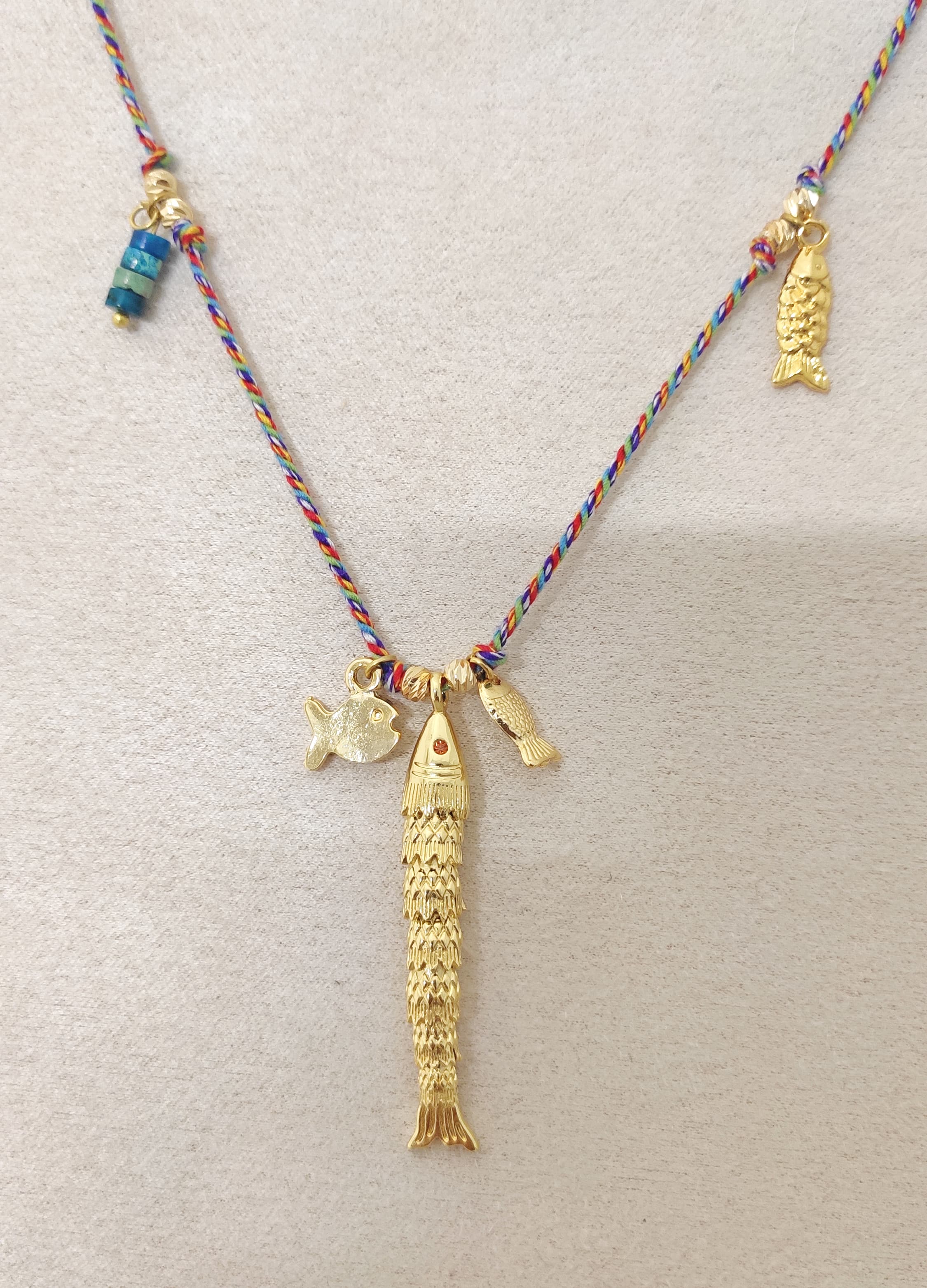 Gold-Plated Fish Pendant Colorful Cord Long Necklace
