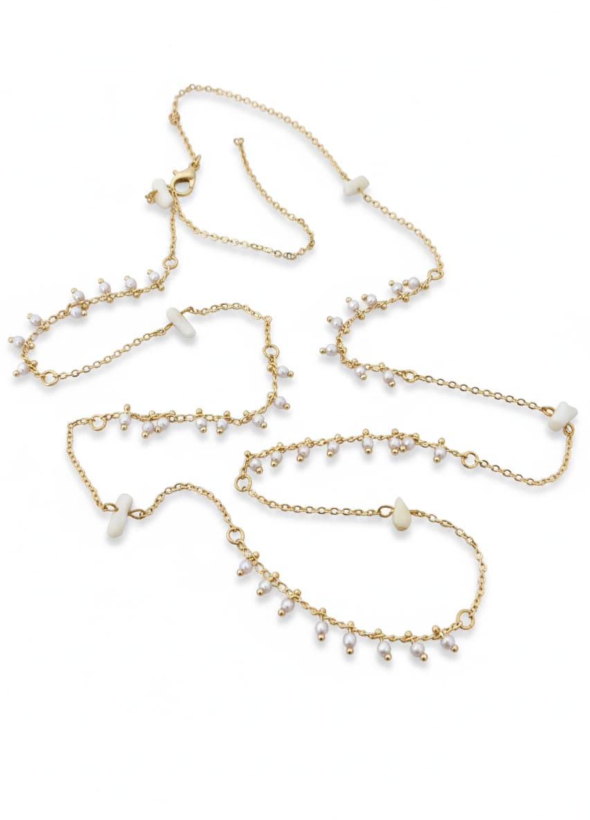 Brass with Gold Plating, Pearl and Broken Stone Details, Long Necklace