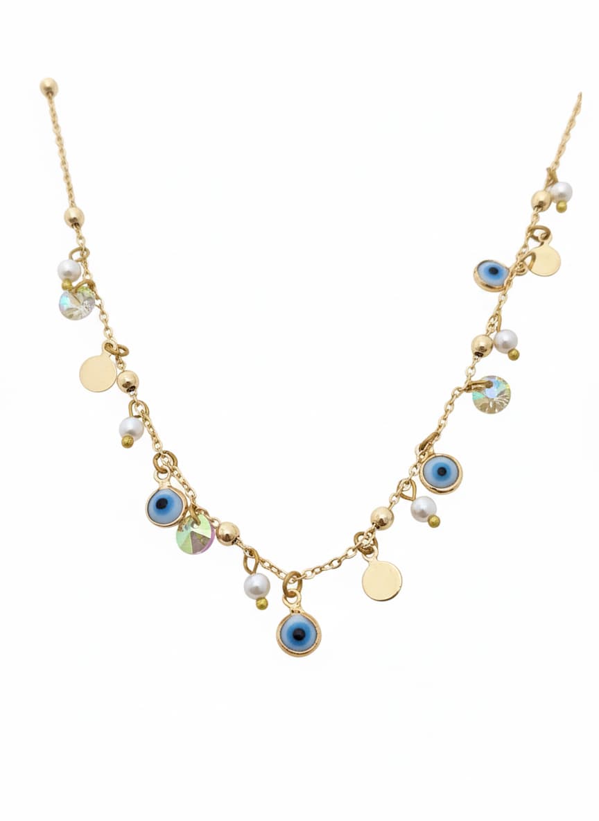 Brass with Gold Plating Glass Stone Evil Eye Bead Detailed Necklace 
