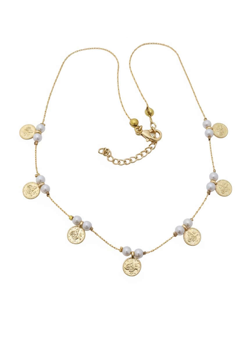 Brass with Gold Plating, Plastic Pearls, and Vintage Coin Details Necklace 