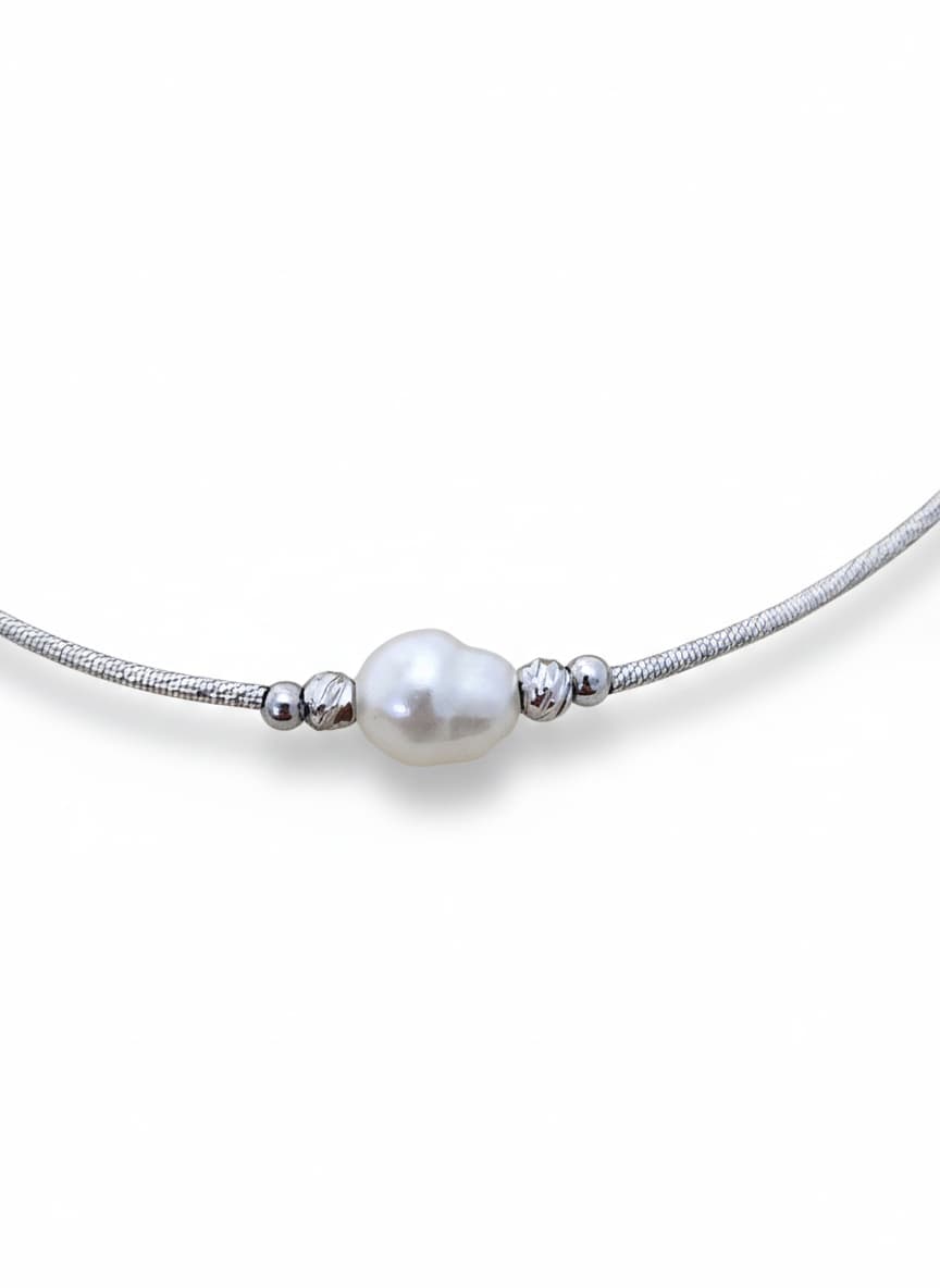 Brass with Silver Tone, Real Pearl Dangle Necklace