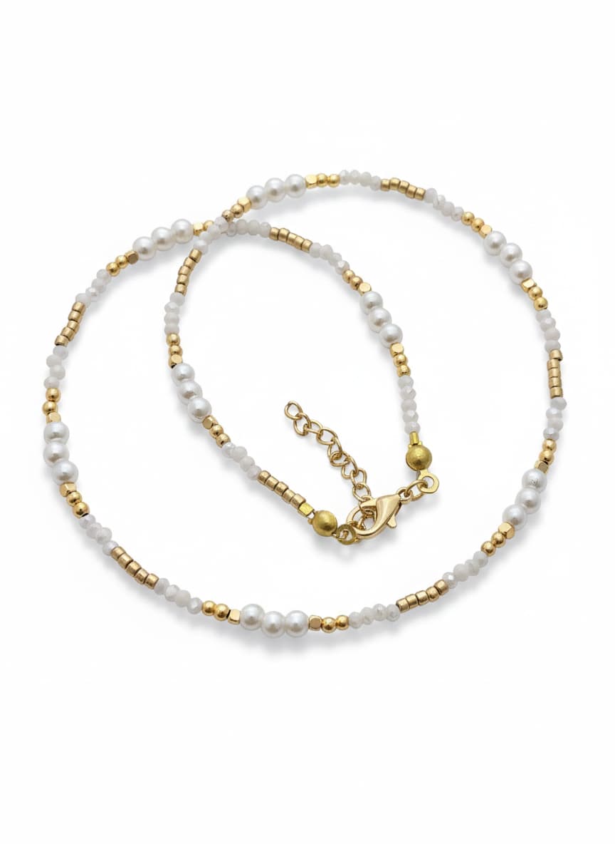 Brass with Gold Plating, Plastic Pearl and Crystal Stone Necklace