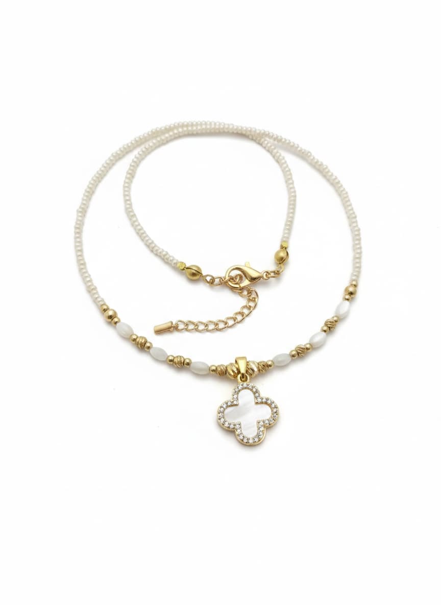 Brass with Gold Plating, Plastic Pearl Strung and Zircon Stone Mother-of-Pearl Clover Pendant Necklace