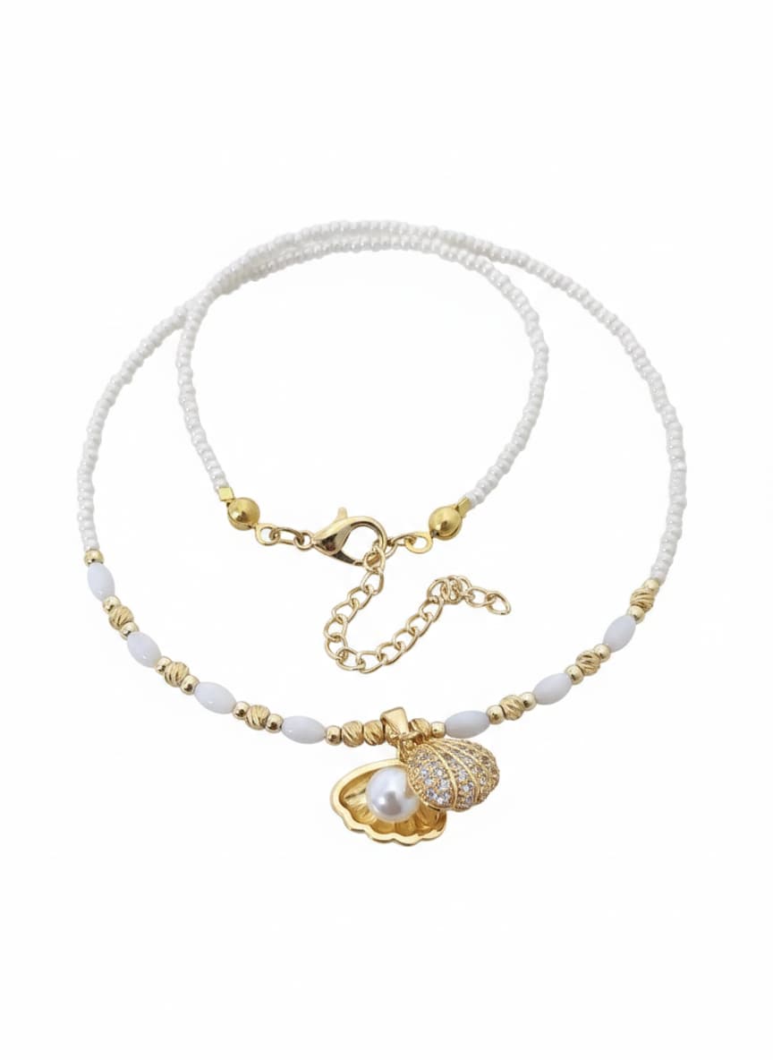 Brass with Gold Plating, Zircon Stone Sea Shell Pendant Necklace