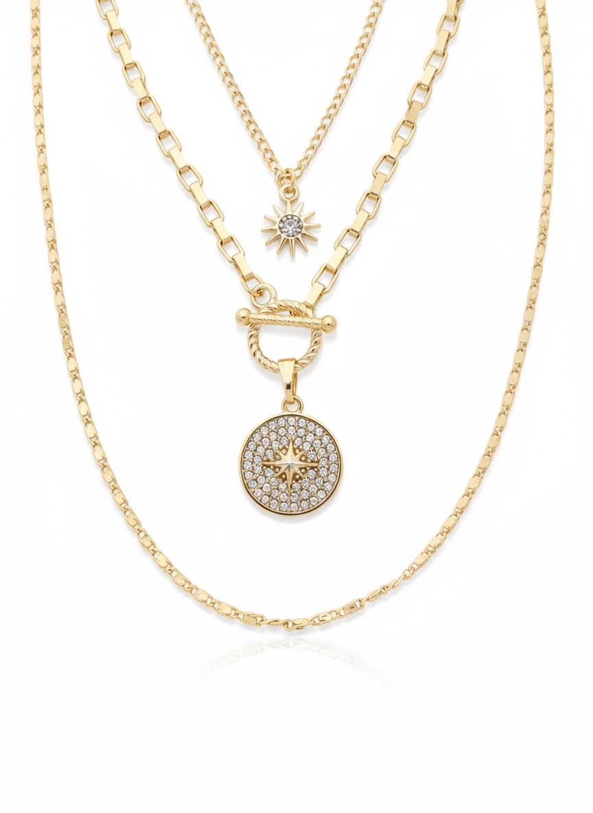 Gold Plated Brass, Zircon Stone Pole Star and Sun Detail Multiple Necklace