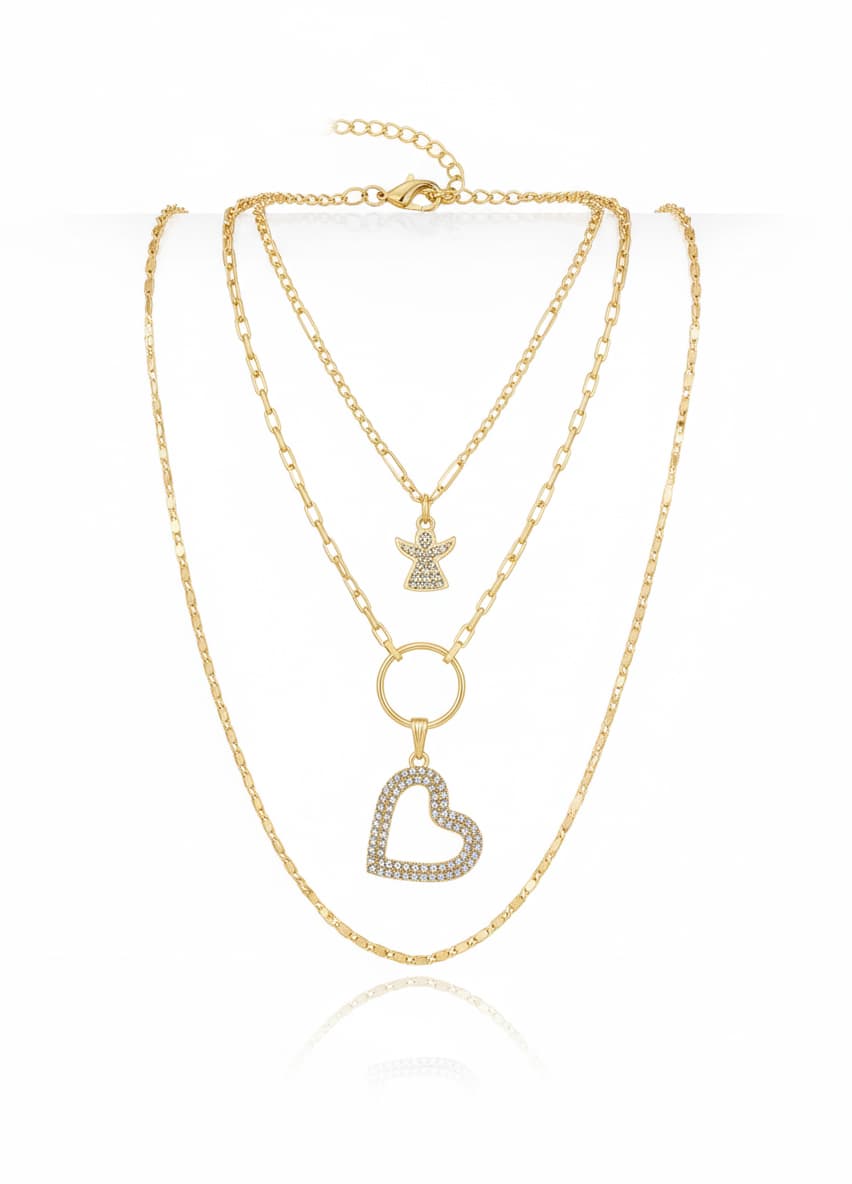 Brass Gold Plated Zircon Stone Heart Hanging Multiple Necklace