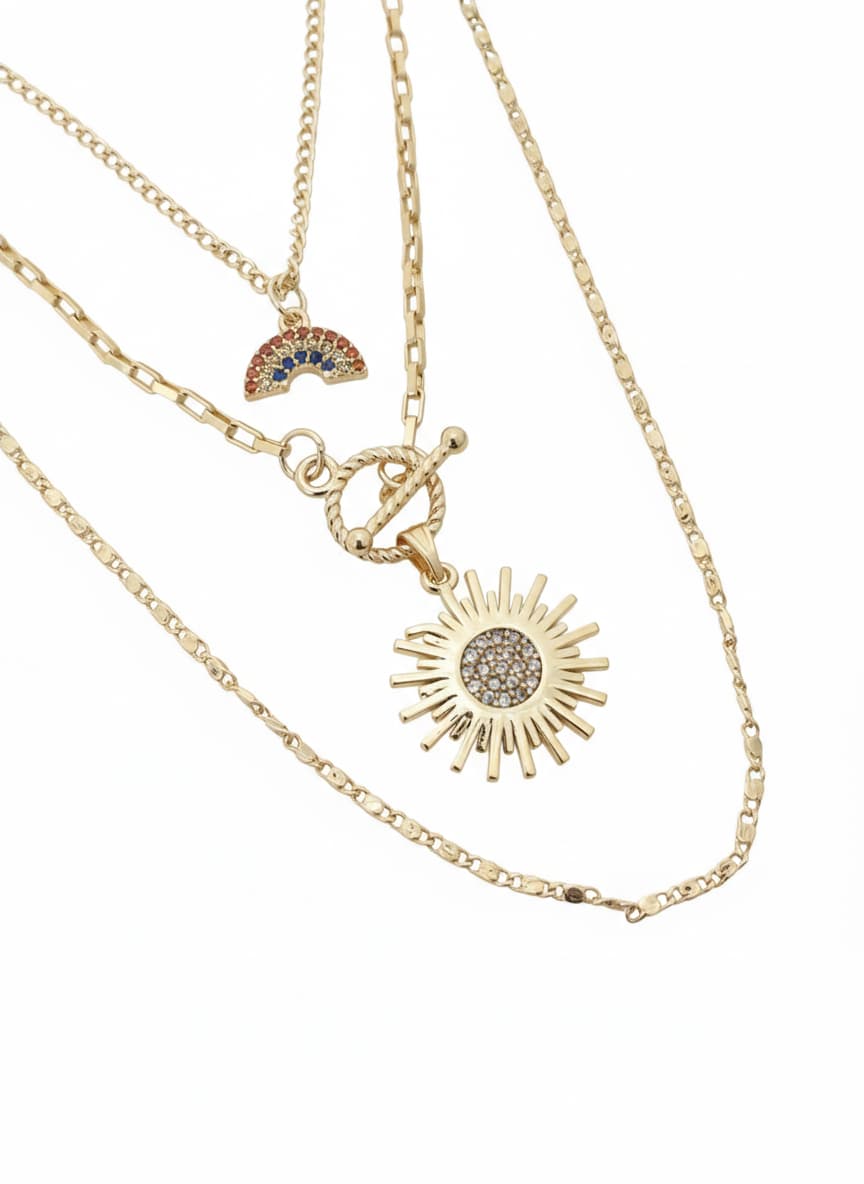Gold Plated Brass, Zircon Stone Rainbow and Sun Detail Multiple Necklace
