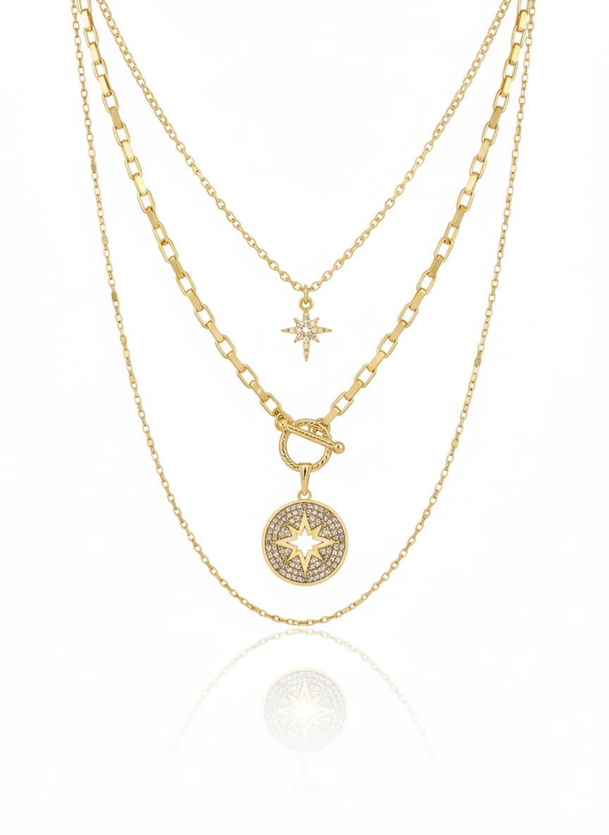 Gold Plated Brass, Zircon Stone Pole Star Detailed Multiple Necklace
