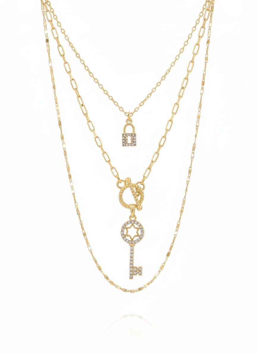 Gold Plated Brass Zircon Stone Key Pendant Multiple Necklace