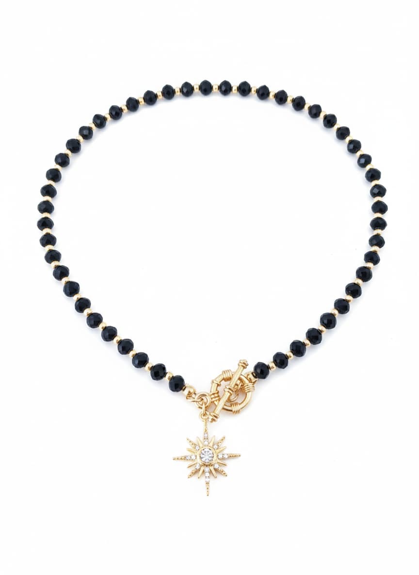 Gold Plated Brass Crystal Stone Detail and Zircon Stone Pole Star Dangle Necklace