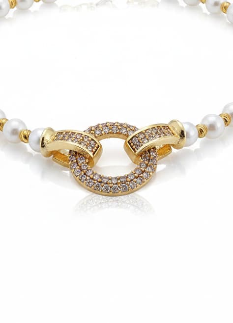 Gold Plated Plastic Pearl and Zircon Stone Necklace on Brass