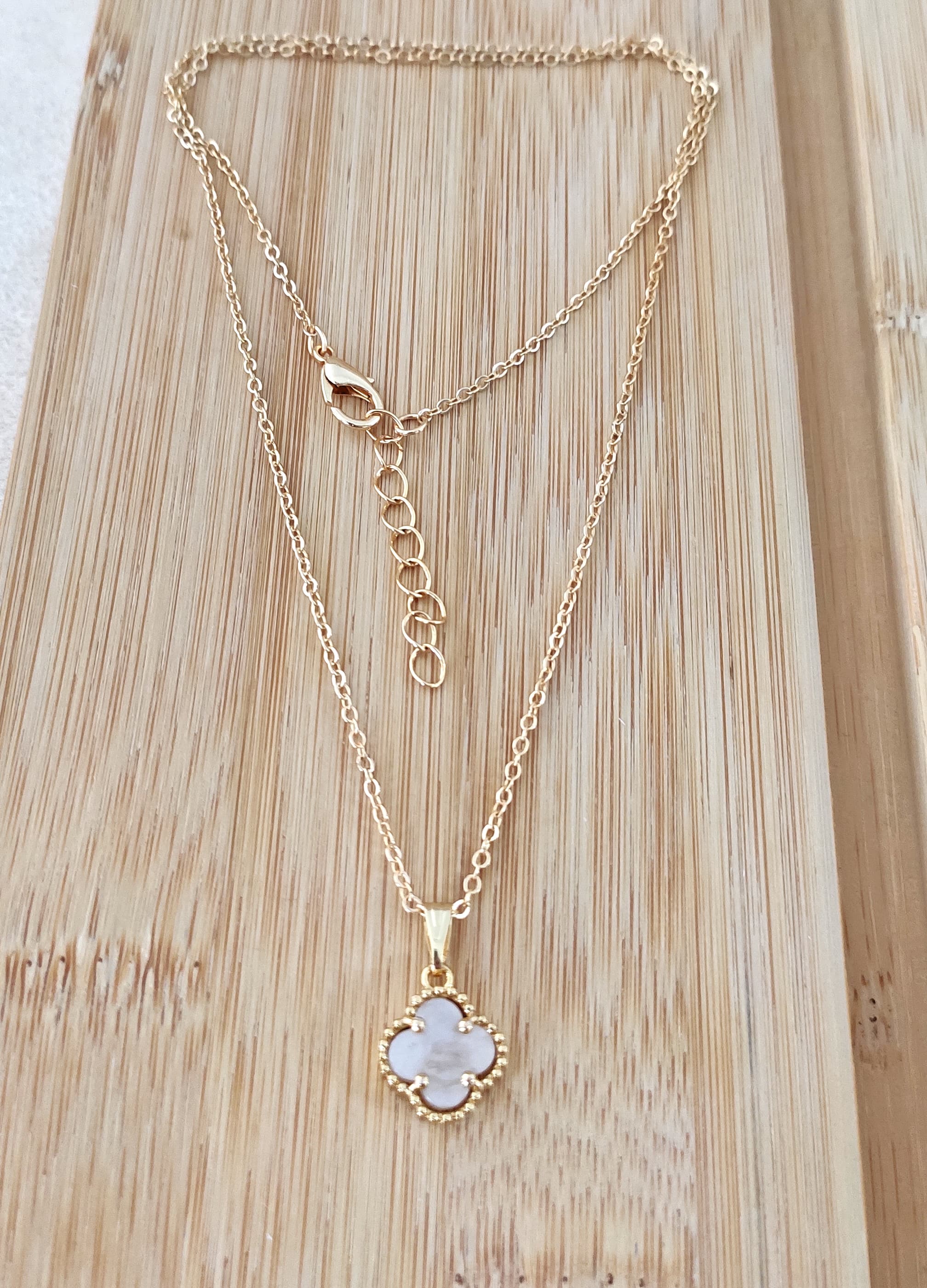Gold Plated Brass Clover Pendant Necklace with Mother-of-Pearl Pearl