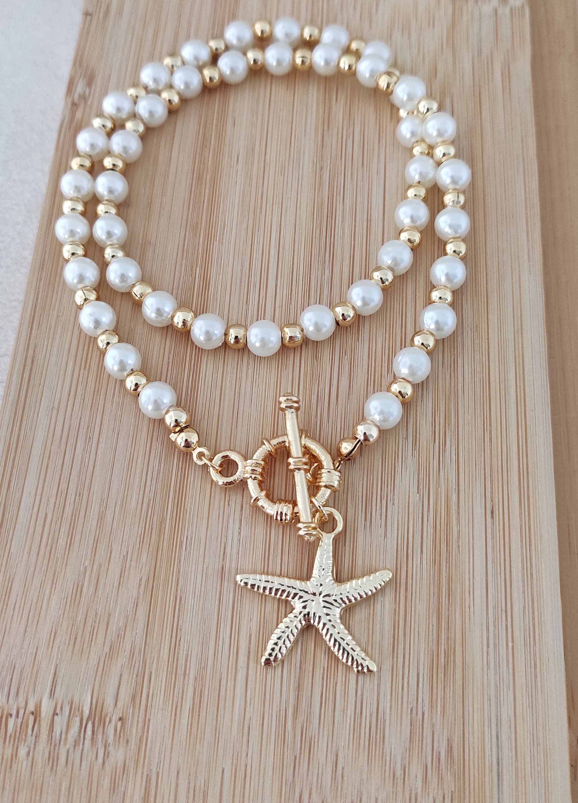 Gold-Plated Brass, Plastic Pearl-Studded Starfish Pendant Necklace