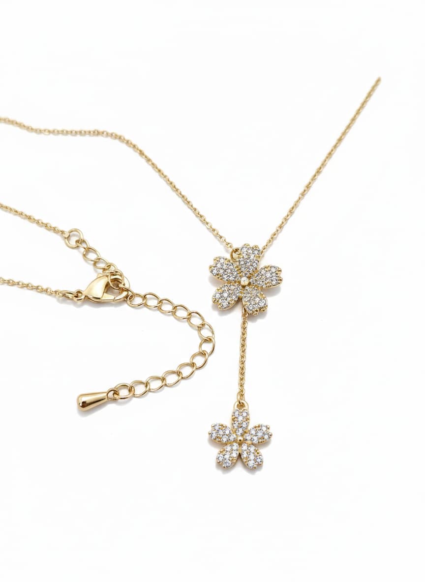 Gold-Plated Brass Clover Flower Pendant Necklace with Zircon Stones