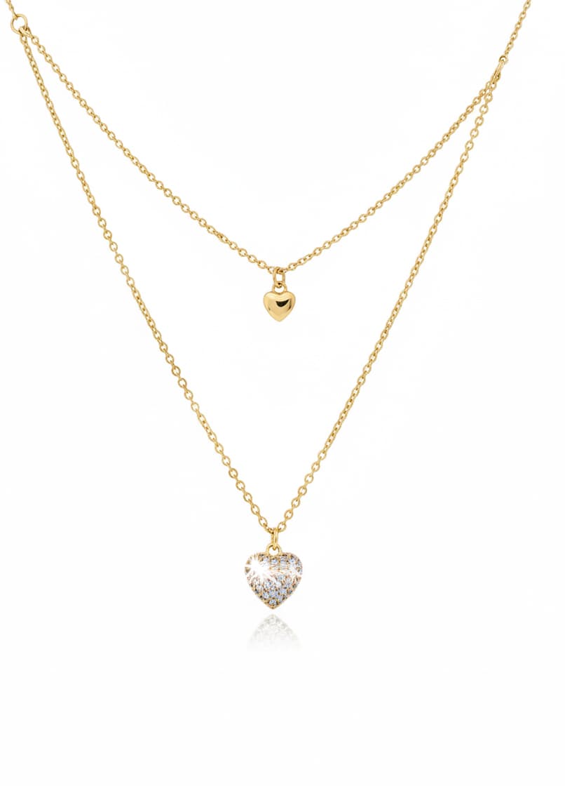 Gold-Plated Silver Necklace with Zircon Stones and a Double-Chain Heart Pendant