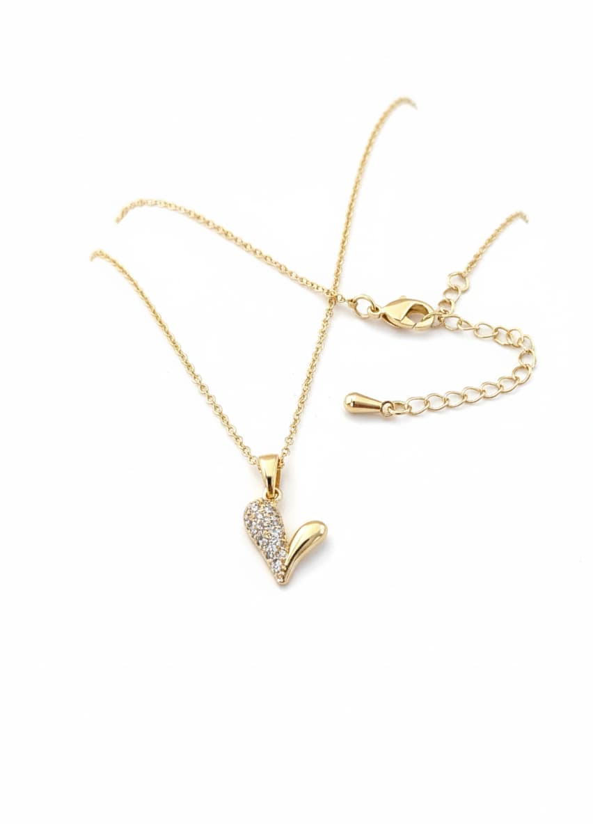 Gold-Plated Brass Heart-Shaped Pendant Necklace with Zircon Stones