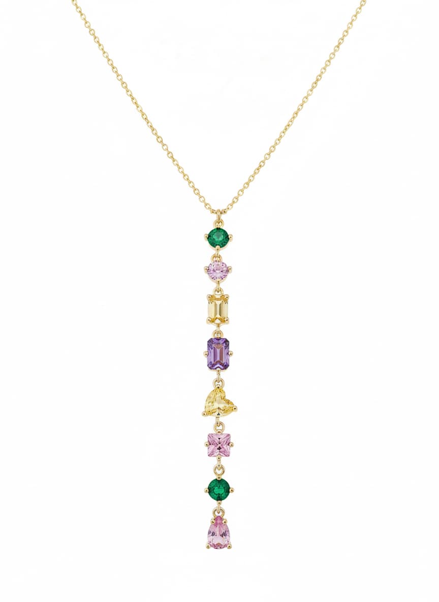 Gold-Plated Brass Necklace with Colored Baguette-Cut Zirconia Pendants