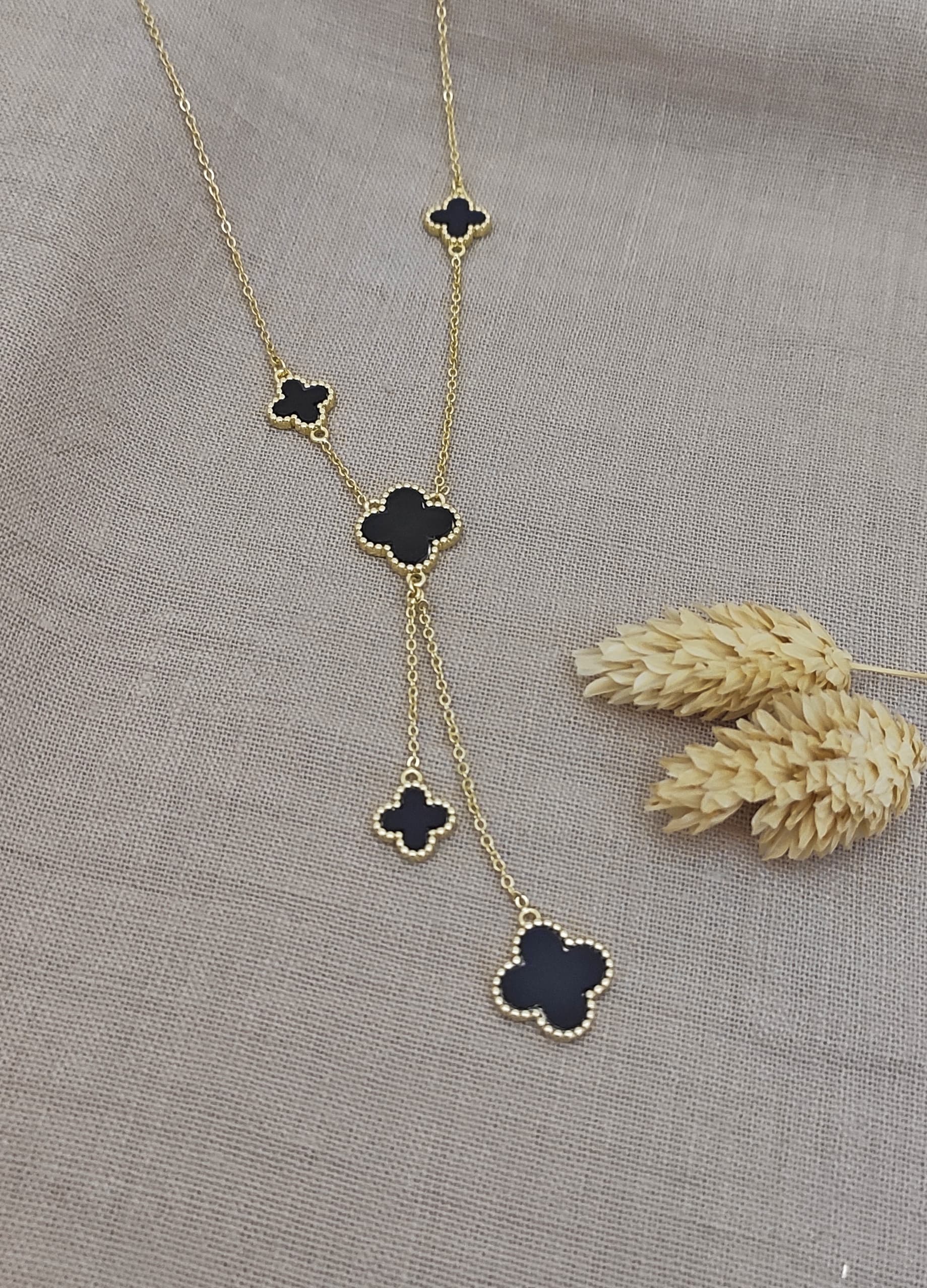 Gold-Plated Silver Long Necklace with Clover Design and Pendants