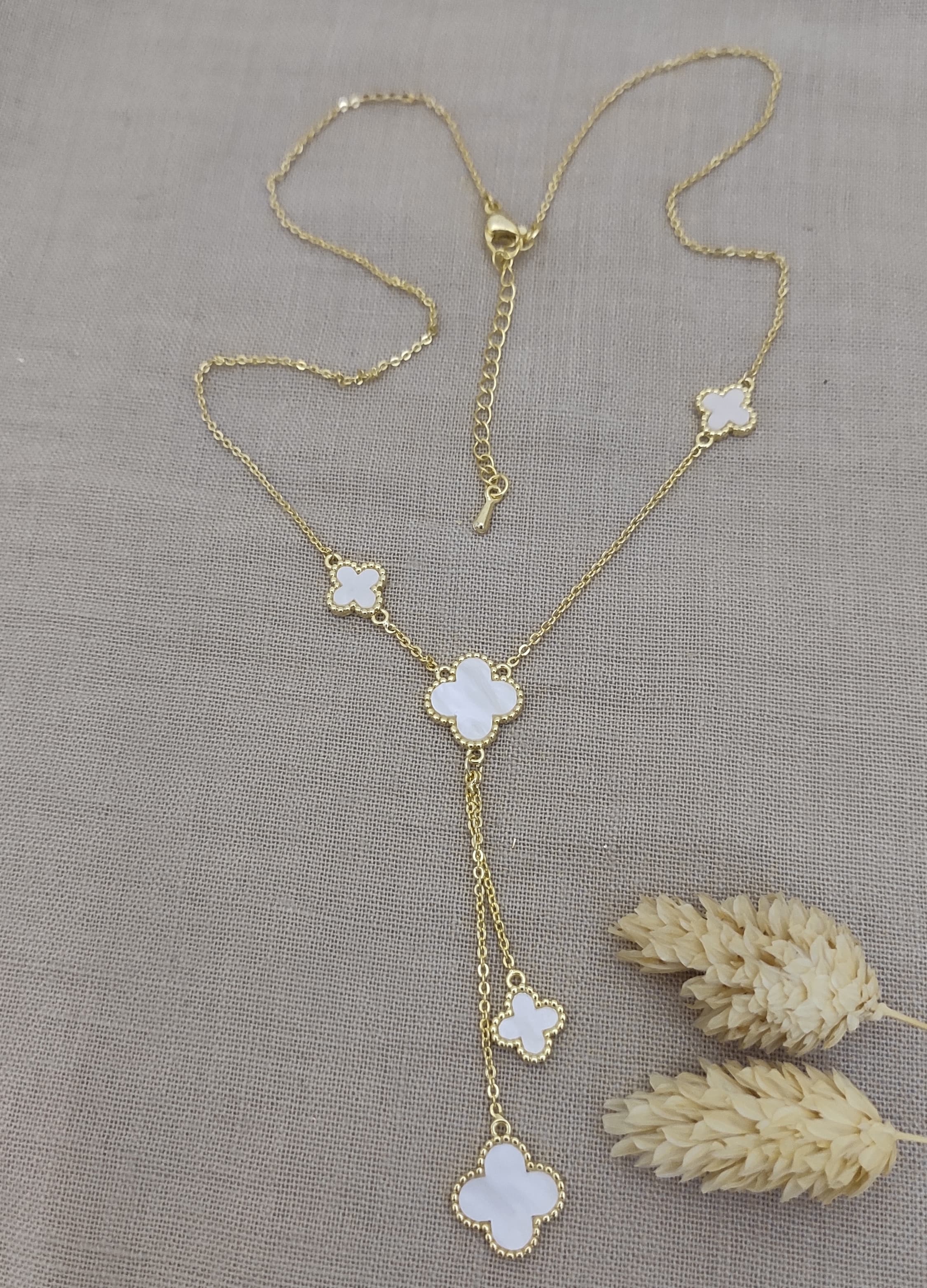 Gold-Plated Silver Long Necklace with Clover Design and Pendants